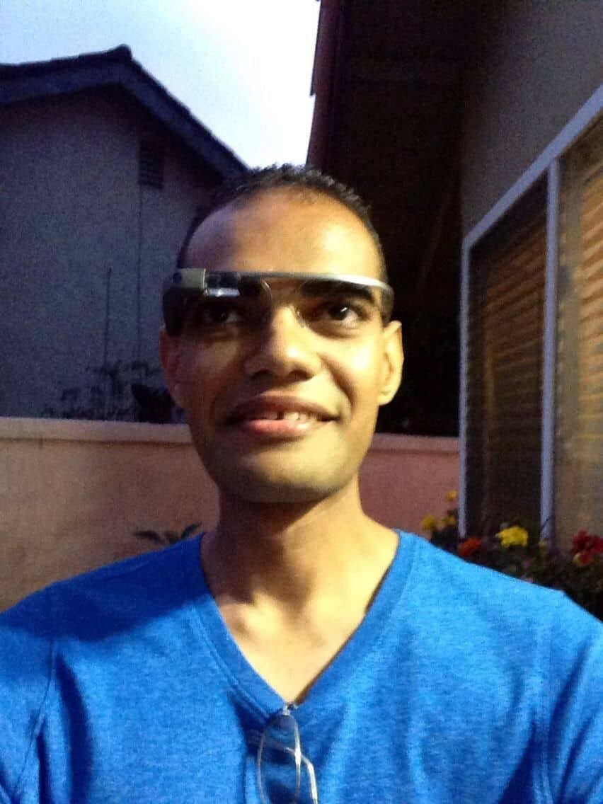A man wearing Google Glass.