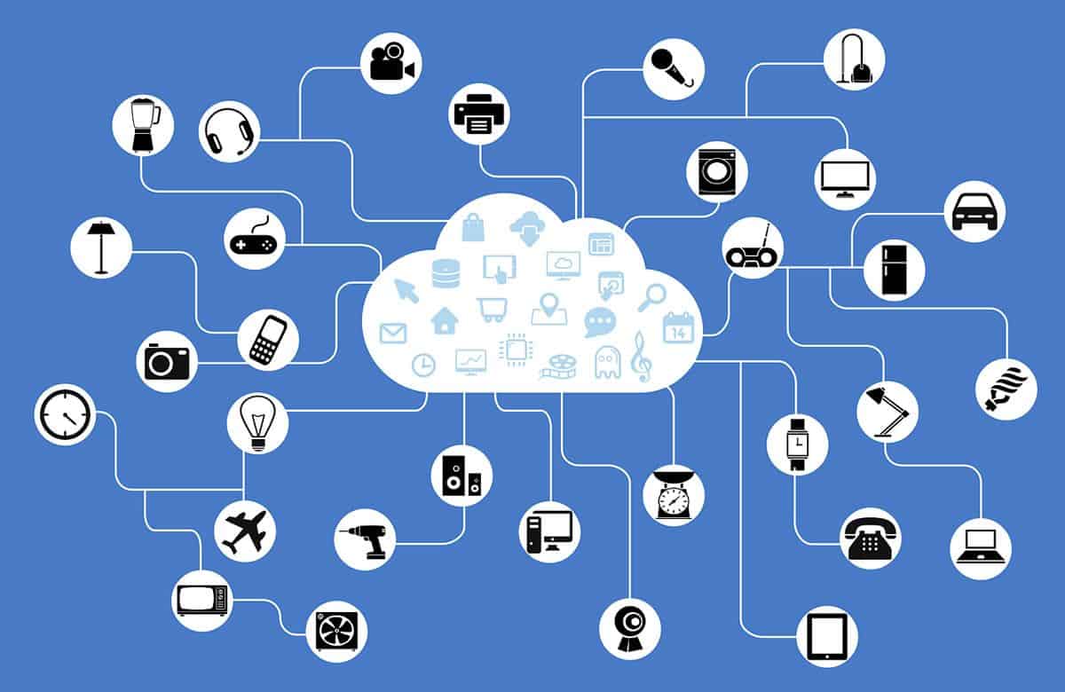 Illustration of devices and services connected via the cloud, a graphical representation of the Internet of Things
