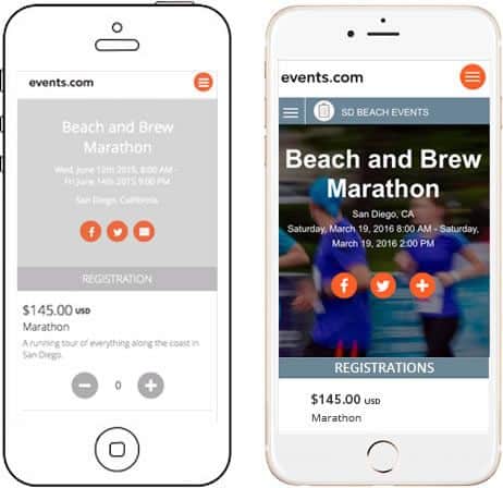 Two illustrated smartphones show two different prototype screens for the Events.com app.