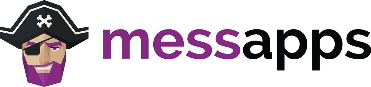 The Messapps logotype, next to the logo illustration of a geometric pirate with a purple beard.