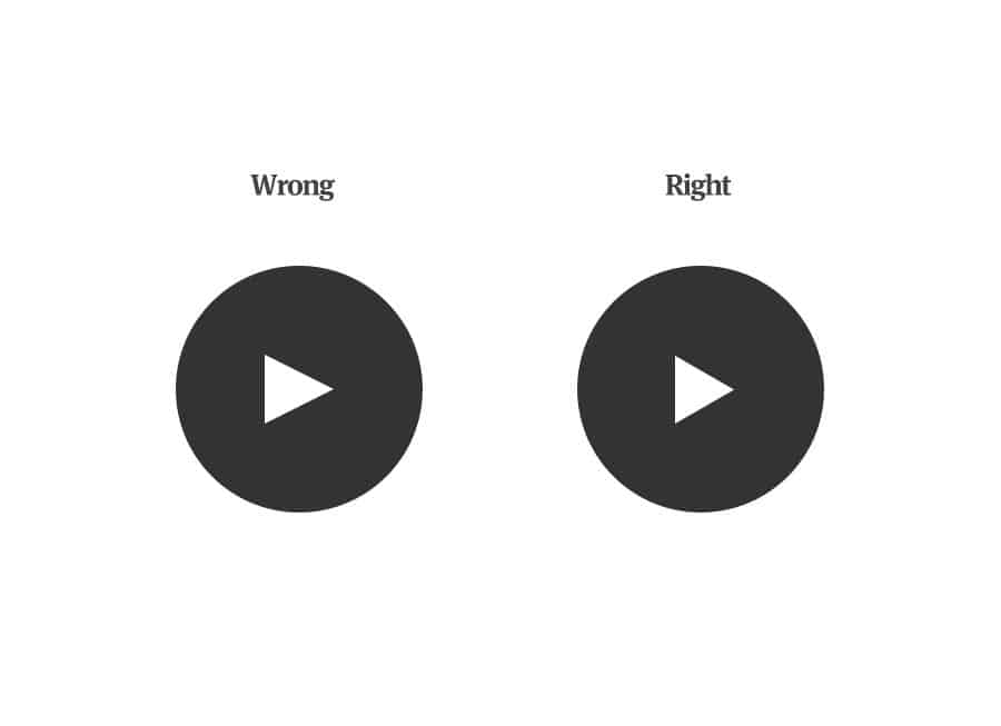 An illustration of two different black and white play buttons. On the left, the center triangle appears to be out of balanced, while the right play button looks well-balanced and centered.