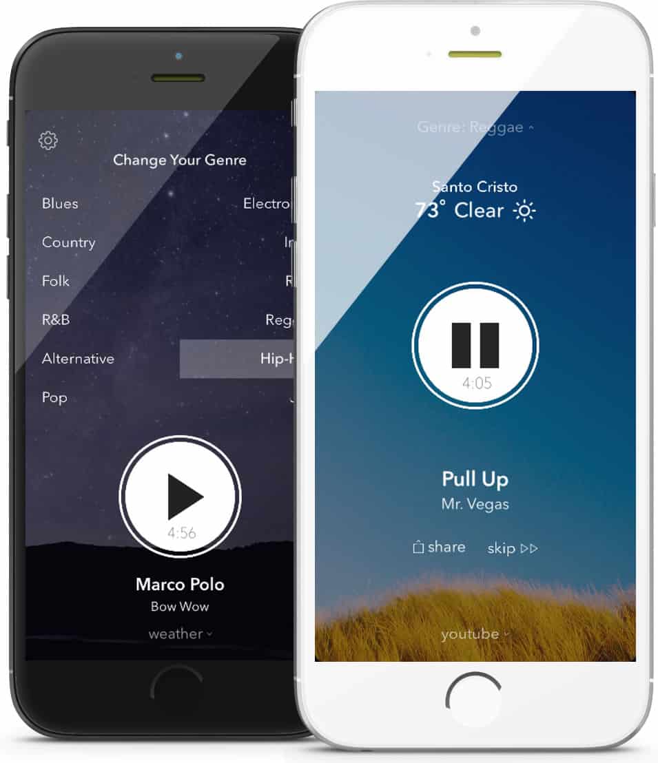 Screenshots of weatherTunes on iPhone, an app that promotes user engagement with good design.