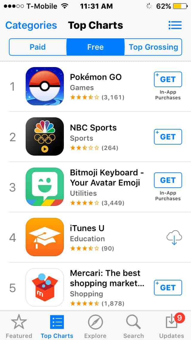 A photo of the top free apps on the App Store.