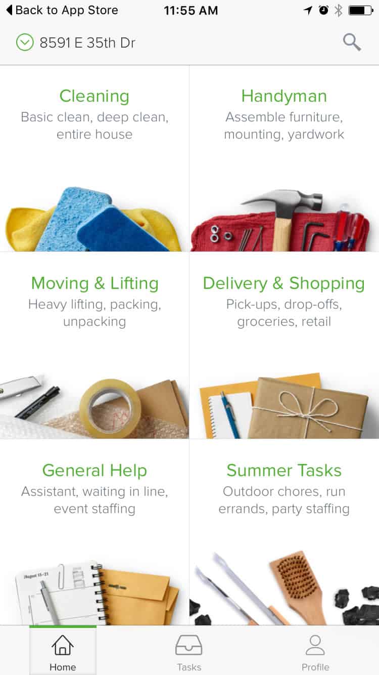 Image of the home page for TaskRabbit that lists tasks that can be done including moving, shopping and summer tasks.