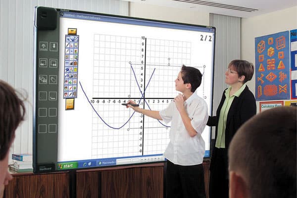 A photo of a student and a teacher using Starboard in a math class.