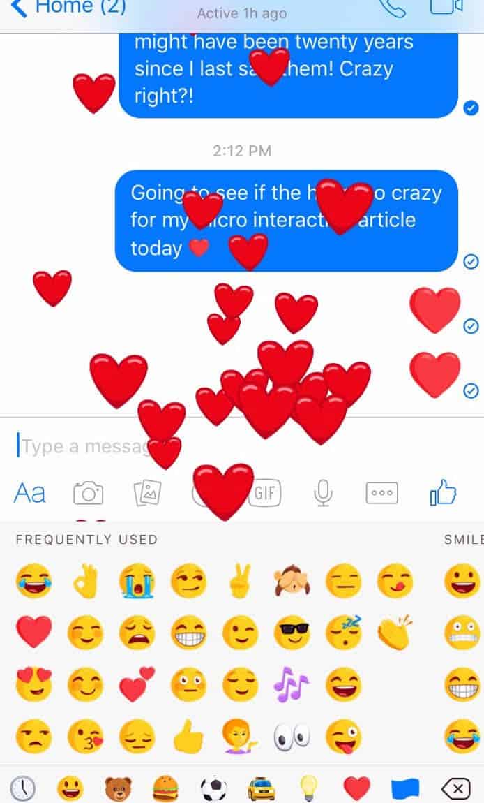 Screenshot of Facebook Messenger app microinteraction of an explosion of red hearts.