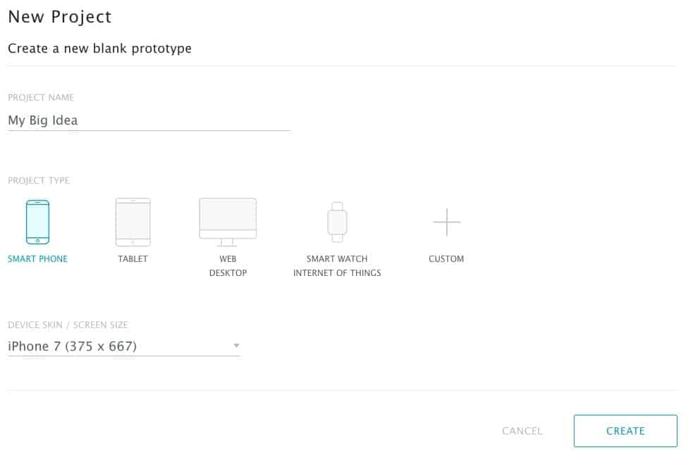 A screenshot of our new project page, asking for project settings to be chosen.