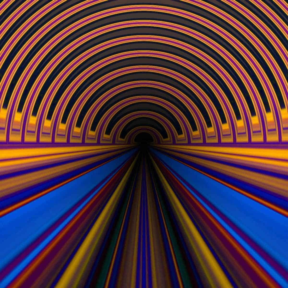 Uma imagem de uma obra de arte em que as cores brilhantes retratam a forma de um túnel.