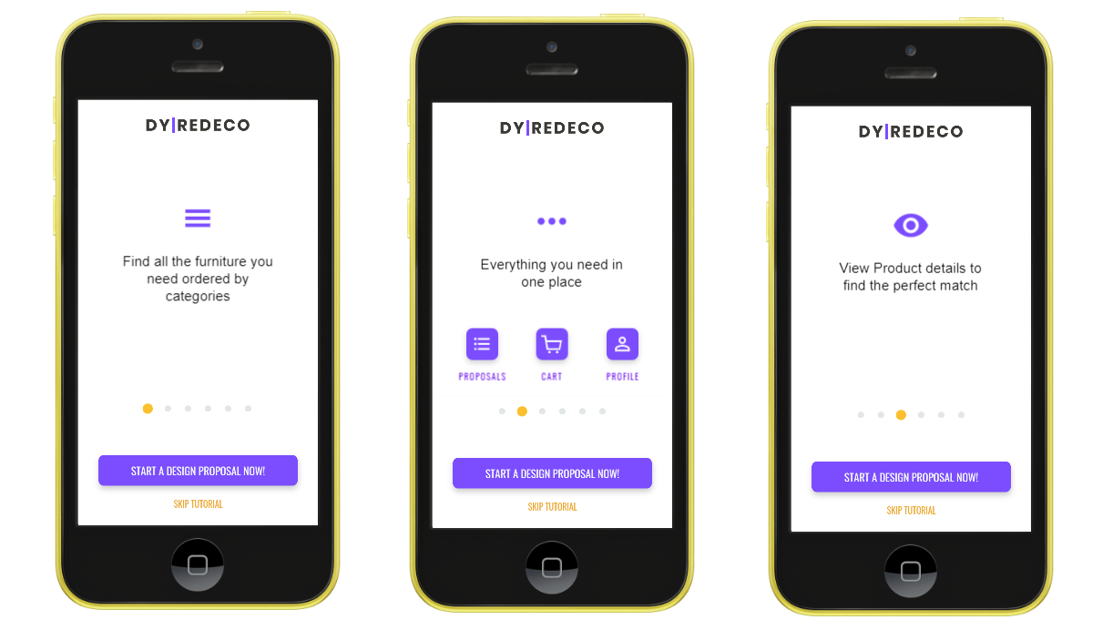 Three screenshots of an interior design mobile app prototype that shows a tutorial onboarding experience that walks users through the meaning of each icon.