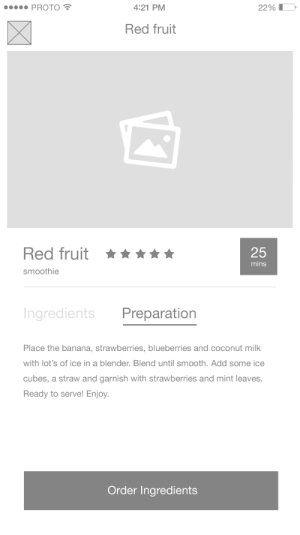 A screen from a wireframe of Smoothies to Door Proto.io Sample project
